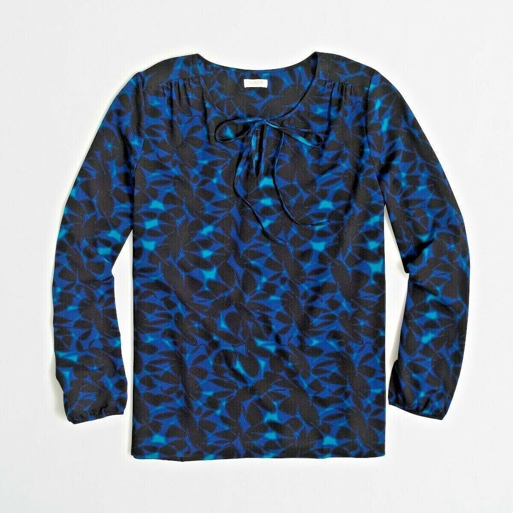 NWT J Crew Women Sheer Blouse Floral Blue Black Long sleeve Relax Fit